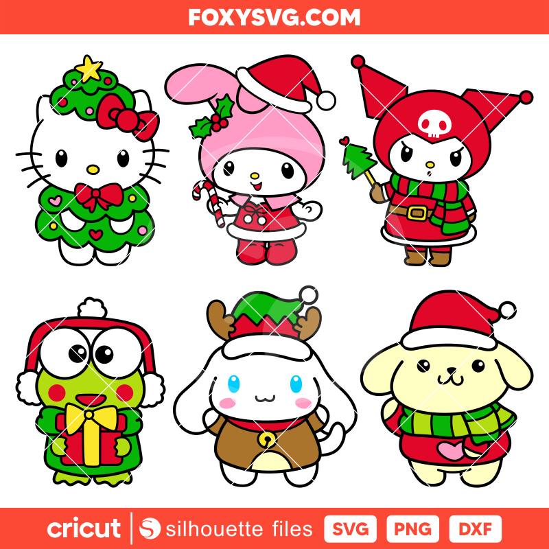Christmas Sanrio Friends Bundle Svg, Hello Kitty Svg, Kawaii Svg, Cricut, Silhouette SVG Cut File