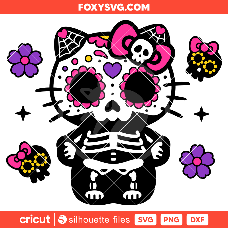 Day Of The Dead Hello Kitty Svg, Skeleton Kitty Svg, Kitty Dia De Los Muertos Svg, Kawaii Svg, Cricut, Silhouette SVG Cut File