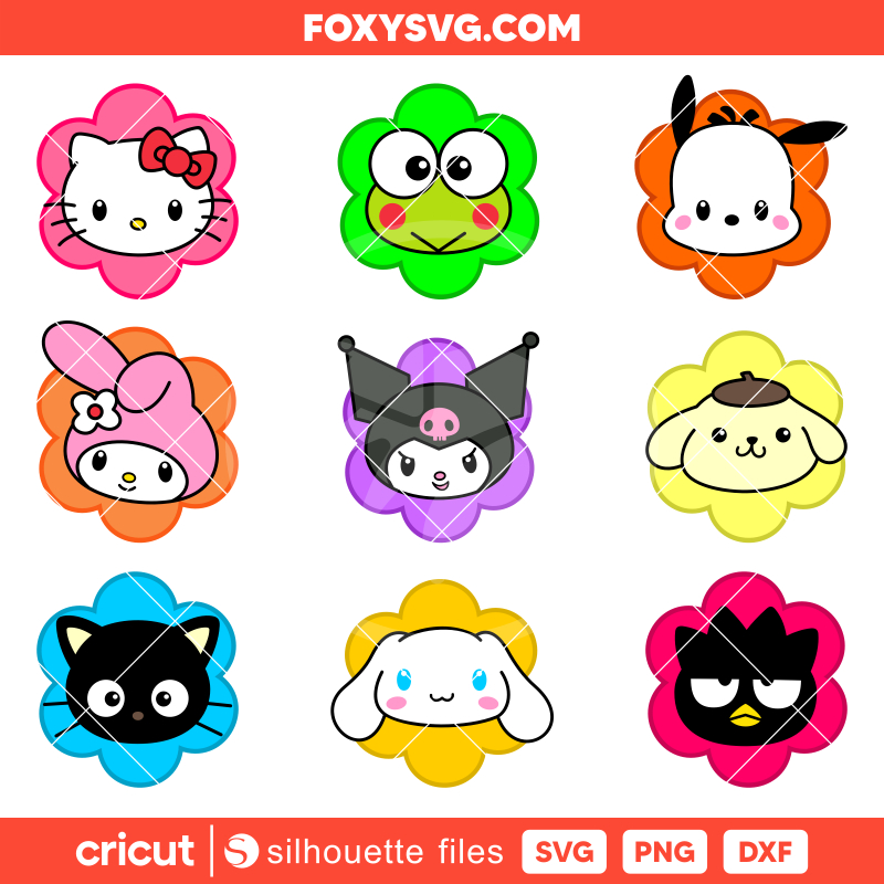 Flower Sanrio Characters Bundle Svg, Sanrio Svg, Hello Kitty Svg, Kawaii Svg, Cricut, Silhouette SVG Cut File