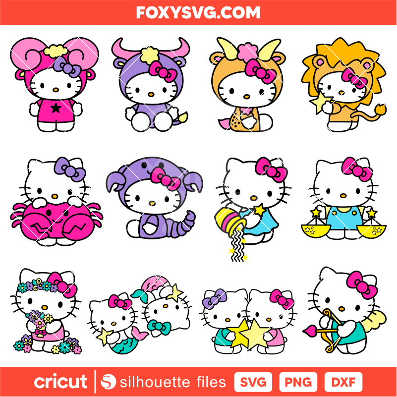 Hello Kitty Zodiac SVG Bundle Svg, Horoscope Svg, Astrology Svg, Cricut, Silhouette SVG Cut File
