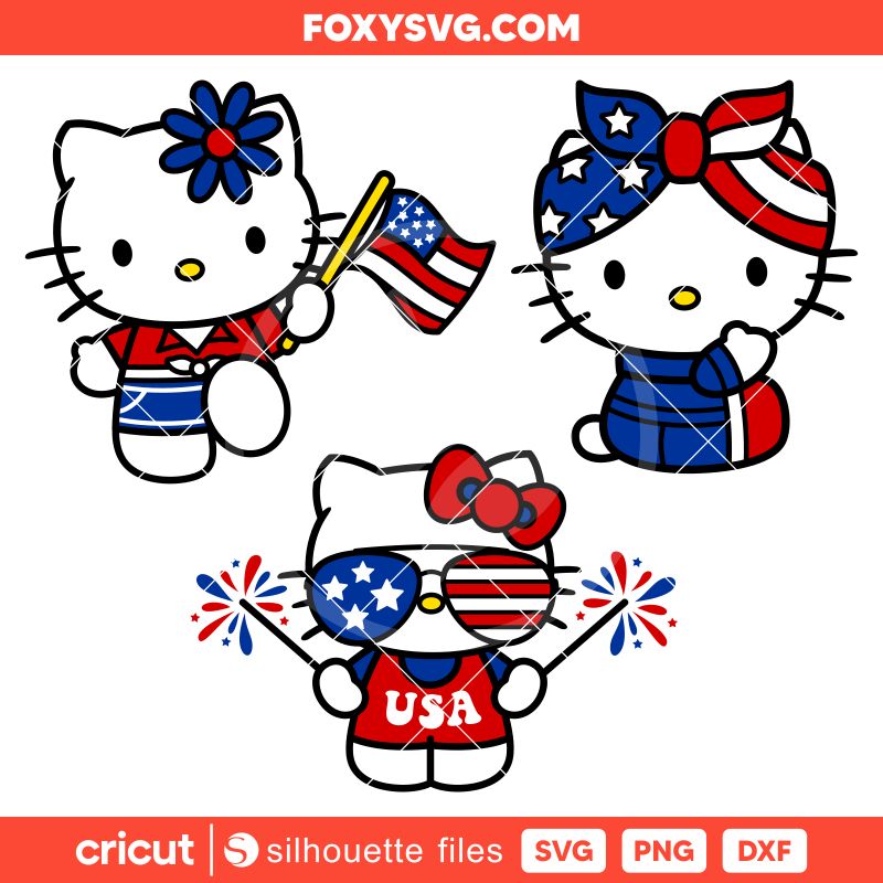 Patriotic Hello Kitty Bundle Svg, Sanrio Svg, Kawaii Svg, Cricut, Silhouette SVG Cut File