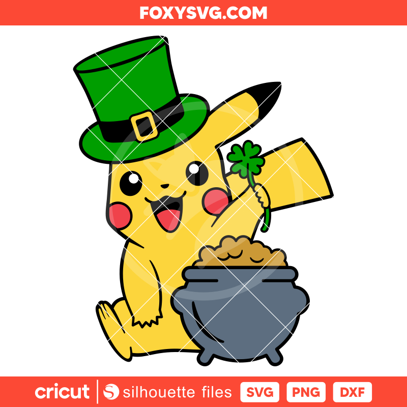 Pikachu St Patricks Day Svg, Lucky Clover Svg, Pokemon Svg, Cricut, Silhouette SVG Cut File