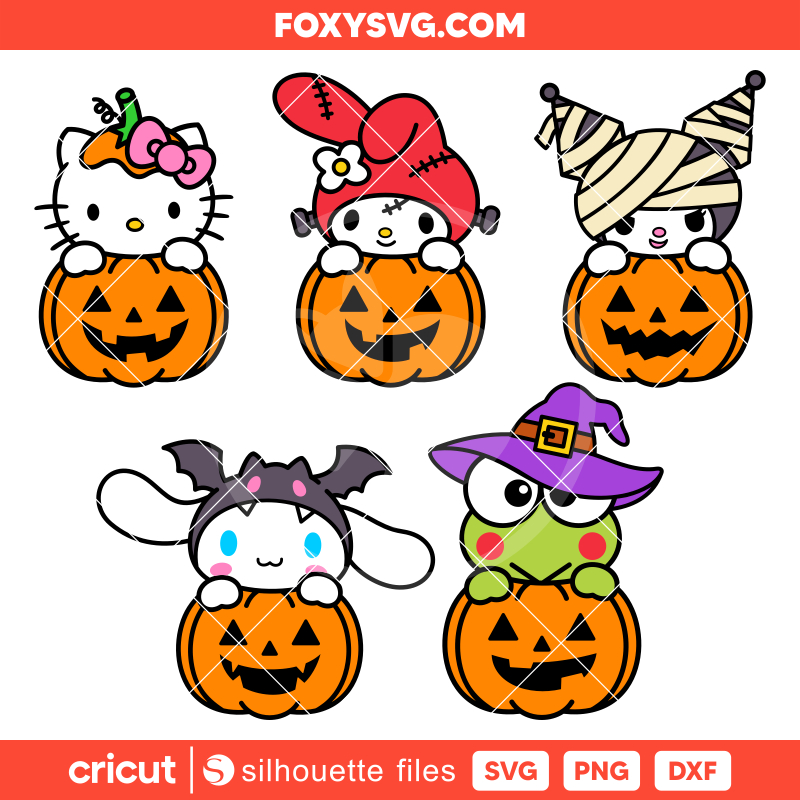 Pumpkin Sanrio Characters Bundle Svg, Halloween Svg, Hello Kitty Svg, Kawaii Svg, Cricut, Silhouette SVG Cut File