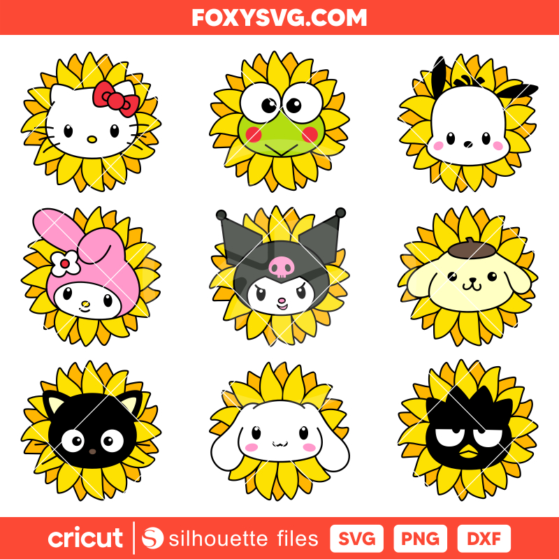 Sunflower Sanrio Characters Bundle Svg, Sanrio Svg, Hello Kitty Svg, Kawaii Svg, Cricut, Silhouette SVG Cut File