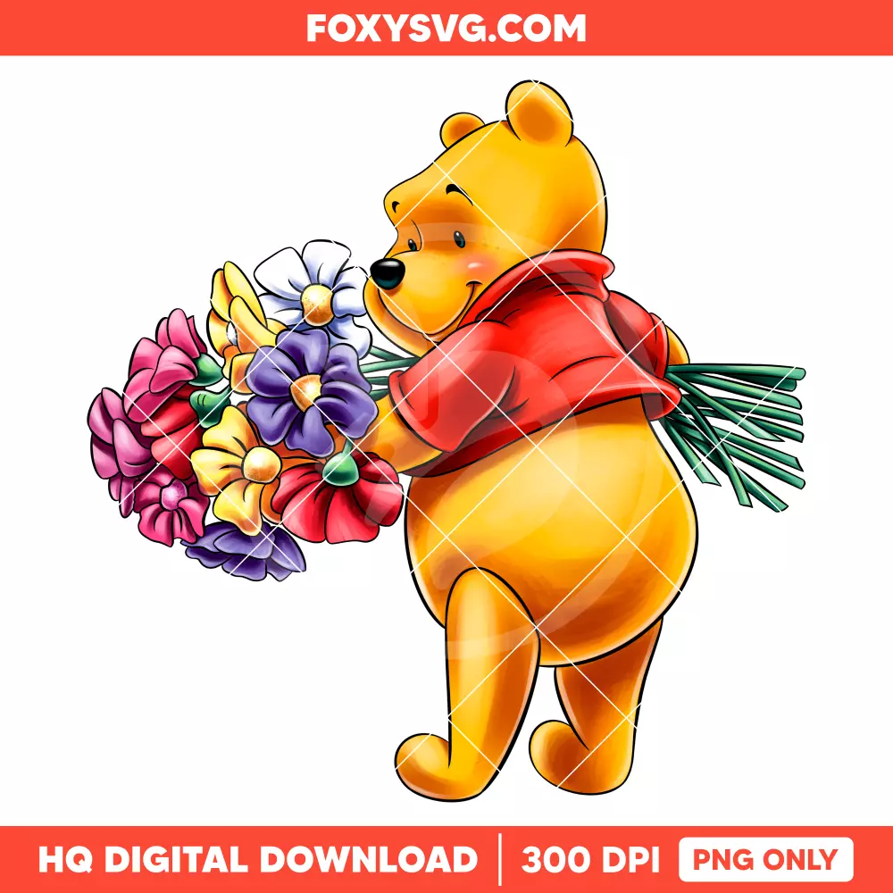 Pooh with Flower Bouquet PNG, Winnie the Pooh PNG, Disney PNG, Sublimation PNG