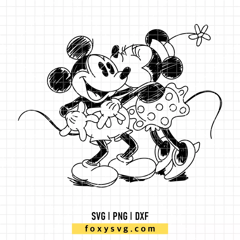 Kissing Mickey & Minnie Sketch Outline SVG | Disney SVG PNG Design for Cricut, Silhouette