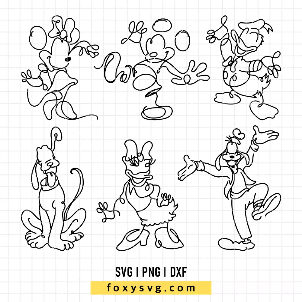 Disney Characters Doodle Outline Bundle SVG, PNG | Disney SVG Cut File for Cricut & Silhouette