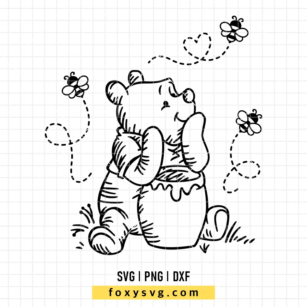 Winnie the Pooh with Bees Outline Sketch SVG, PNG | Disney SVG Cut File for Cricut & Silhouette