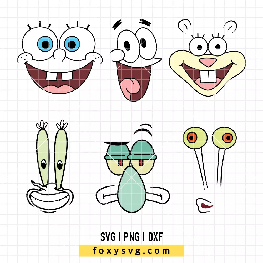 Sponge Bob Characters Face Bundle SVG, PNG | Trendy SVG Cut File for Cricut & Silhouette